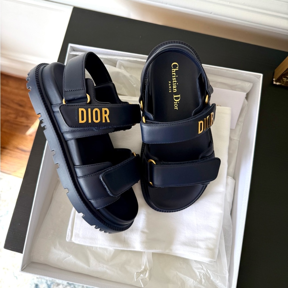 Dior Dioract Sandals – Navy Blue Lambskin with Gold-Finish SZ 34 EU